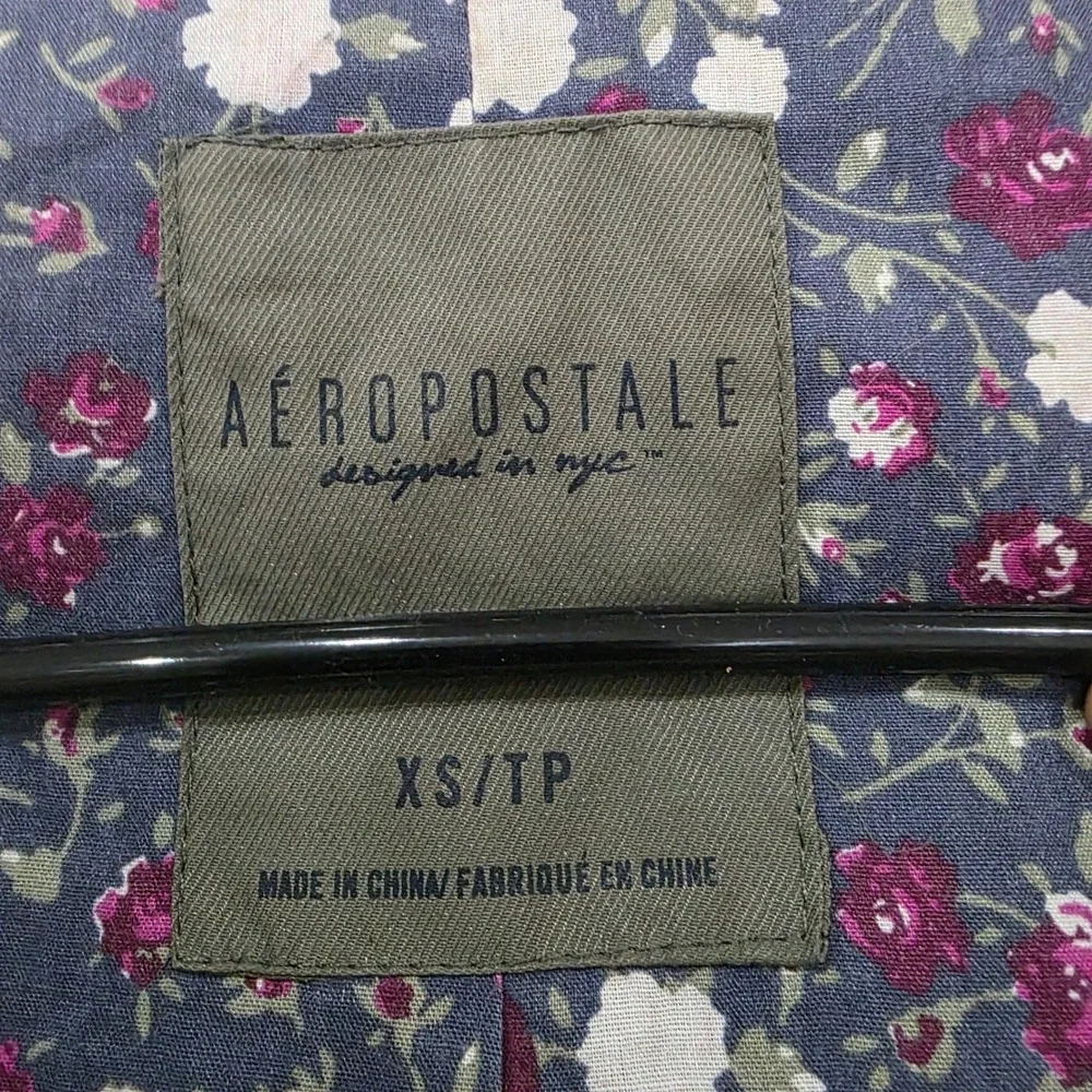 Aeropostale Womens XS Olive Green‎ Hooded Utility Jacket Floral Lining Full Zip